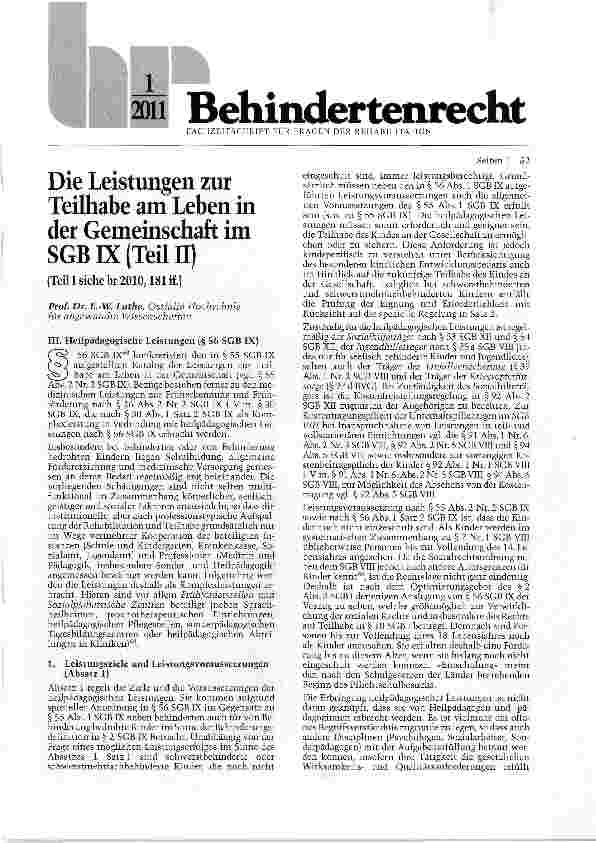Vorschauseite 1: Die Leistungen zur Teilhabe am Leben in der Gemeinschaft im SGB IX (Teil II)(Teül siehe br2010, 181 ö. )
