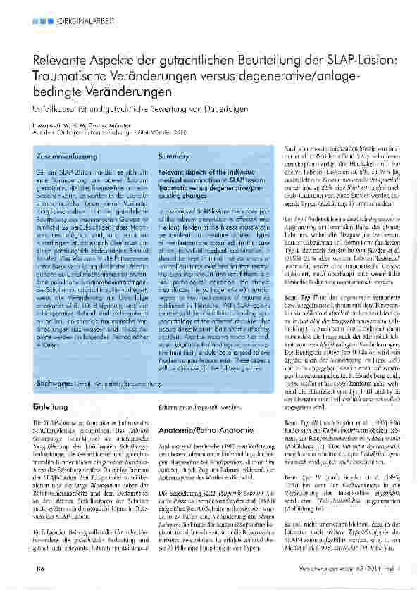 Vorschauseite 1: Relevante Aspekte der gutachtlichen Beurteilung der SLAP-Läsion Traumatische Veränderungen versus degenerative/anlagebedingte Veränderungen