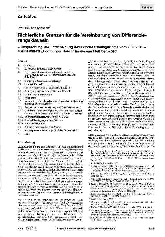 Vorschauseite 1: Richterliche Grenzen für die Vereinbarung von Differenzierungsklauseln