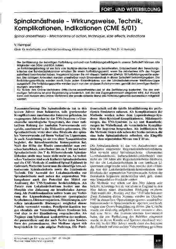 Vorschauseite 1: Spinalanästhesie - Wirkungsweise, Technik, Komplikationen, Indikationen (CME 5/01)