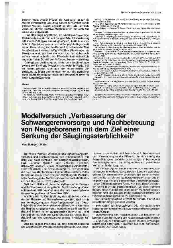 Vorschauseite 1: Modellversuch „Verbesserung der Schwangeren Vorsorge und Nachbetreuung von Neugeborenen mit dem Ziel einer Senkung der Säuglingssterblichkeit