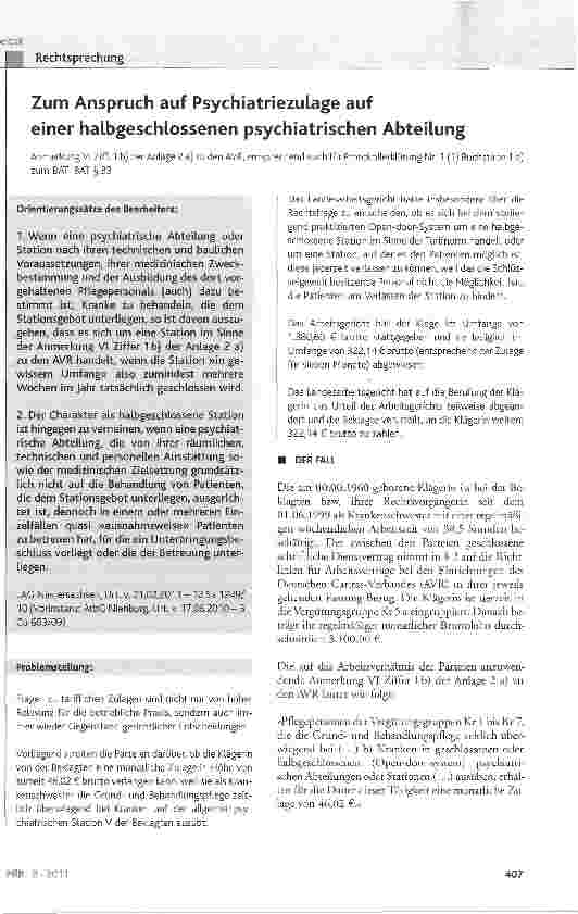 Vorschauseite 1: Zum Anspruch auf Psychiatriezulage auf einer halbgeschlossenen psychiatrischen AbteilungAnmerkung VI Ziff. 1 b) der Anlage 2 a) zu den AVR, entsprechend auch für Protokolierklärun…