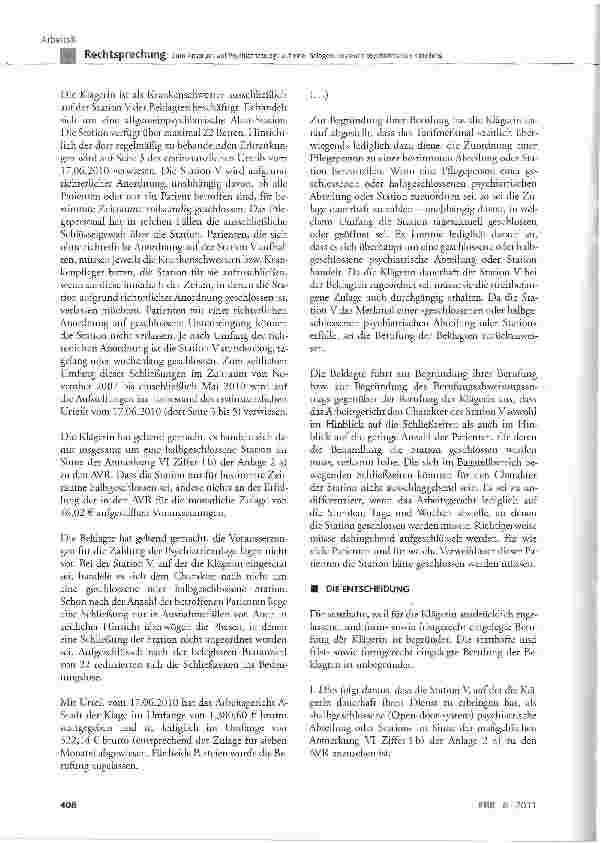 Vorschauseite 2: Zum Anspruch auf Psychiatriezulage auf einer halbgeschlossenen psychiatrischen AbteilungAnmerkung VI Ziff. 1 b) der Anlage 2 a) zu den AVR, entsprechend auch für Protokolierklärun…