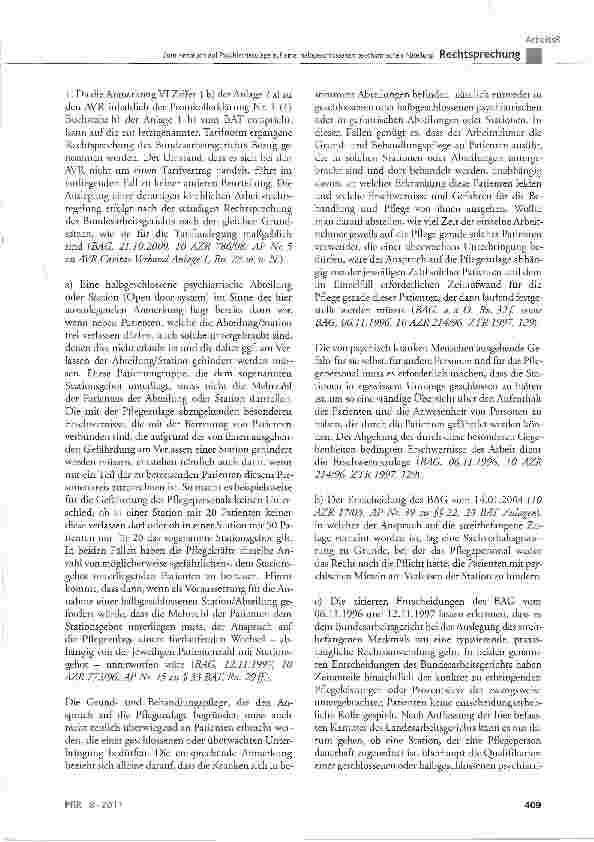 Vorschauseite 3: Zum Anspruch auf Psychiatriezulage auf einer halbgeschlossenen psychiatrischen AbteilungAnmerkung VI Ziff. 1 b) der Anlage 2 a) zu den AVR, entsprechend auch für Protokolierklärun…