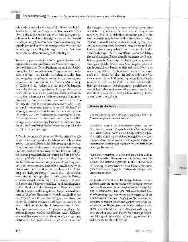 Vorschauseite 4: Zum Anspruch auf Psychiatriezulage auf einer halbgeschlossenen psychiatrischen AbteilungAnmerkung VI Ziff. 1 b) der Anlage 2 a) zu den AVR, entsprechend auch für Protokolierklärun…