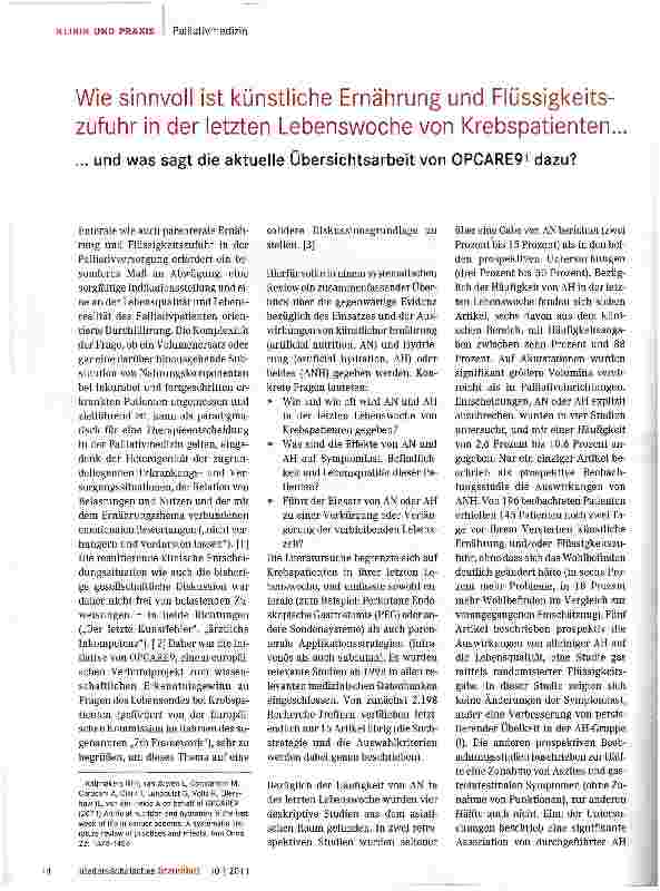Vorschauseite 1: Wie sinnvoll ist künstliche Ernährung und Flüssigkeitszufuhr in der letzten Lebenswoche von Krebspatienten. .. und was sagt die aktuelle Übersichtsarbeit von OPCARE91 dazu?