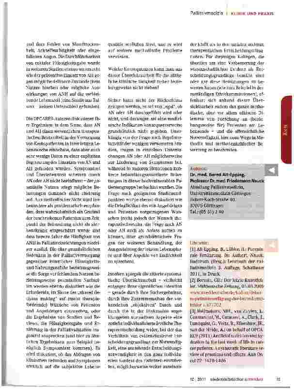 Vorschauseite 2: Wie sinnvoll ist künstliche Ernährung und Flüssigkeitszufuhr in der letzten Lebenswoche von Krebspatienten. .. und was sagt die aktuelle Übersichtsarbeit von OPCARE91 dazu?