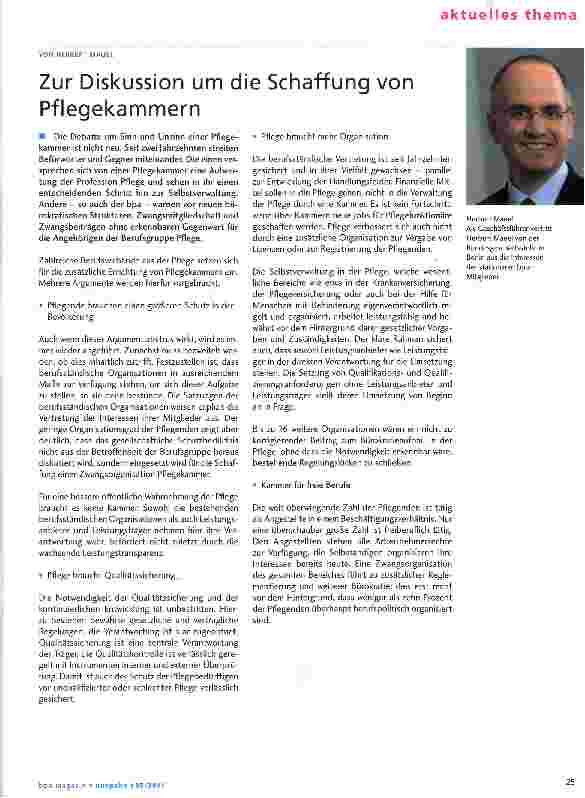 Vorschauseite 1: Zur Diskussion um die Schaffung von Pflegekammern
