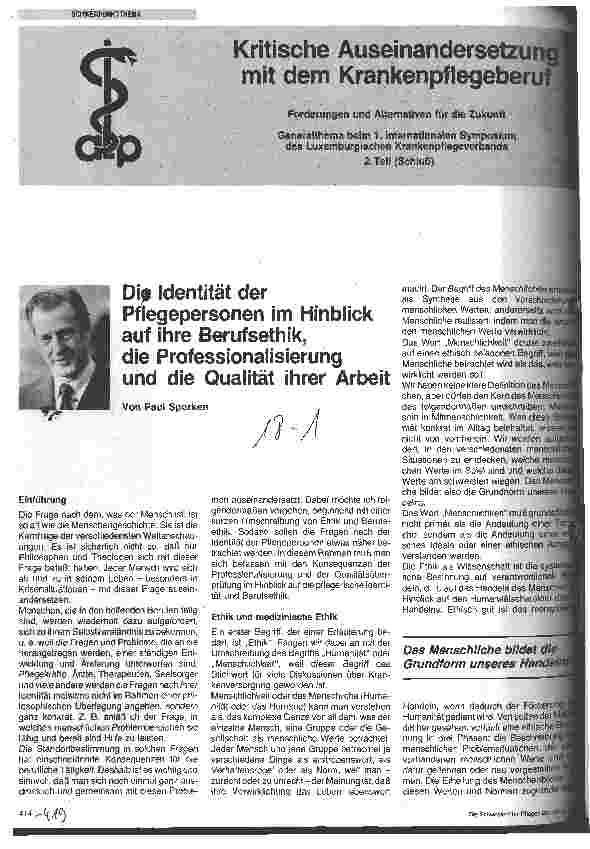 Vorschauseite 1: Die Identität der Pflegepersonen im Hinblick auf ihre Berufsethik, die Professionalisierung und die Qualität ihrer Arbeit