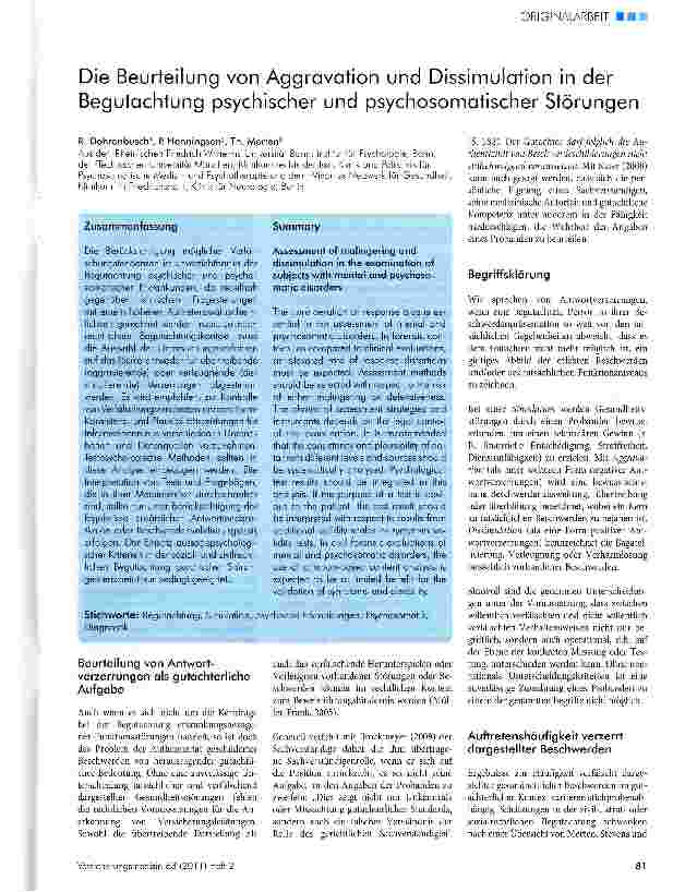 Vorschauseite 1: Die Beurteilung von Aggravation und Dissimulation in der Begutachtung psychischer und psychosomatischer Störungen