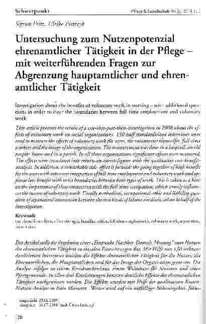 Vorschauseite 1: Untersuchung zum Nutzenpotenzial ehrenamtlicher Tätigkeit in der Pflege -mit weiterführenden Fragen zur Abgrenzung hauptamtlicher und ehrenamtlicher Tätigkeit