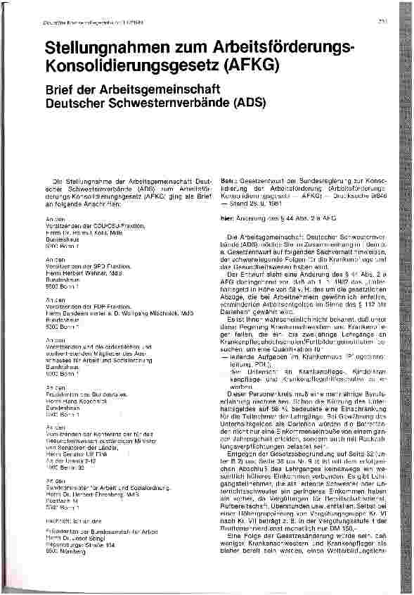 Vorschauseite 1: Stellungnahmen zum Arbeitsförderungs-Konsolidierungsgesetz (AFKG)