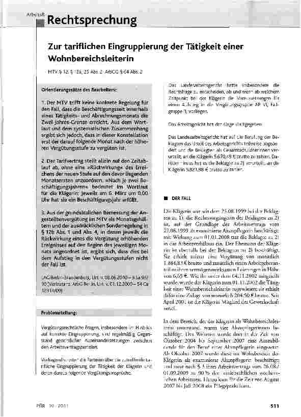 Vorschauseite 1: Zur tariflichen Eingruppierung der Tätigkeit einer WohnbereichsLeiterinMTV § 12, § 12a, 25 Abs. 2; ArbGG § 64 Abs. 2