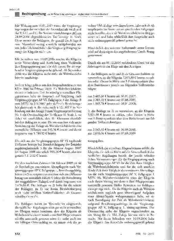 Vorschauseite 2: Zur tariflichen Eingruppierung der Tätigkeit einer WohnbereichsLeiterinMTV § 12, § 12a, 25 Abs. 2; ArbGG § 64 Abs. 2