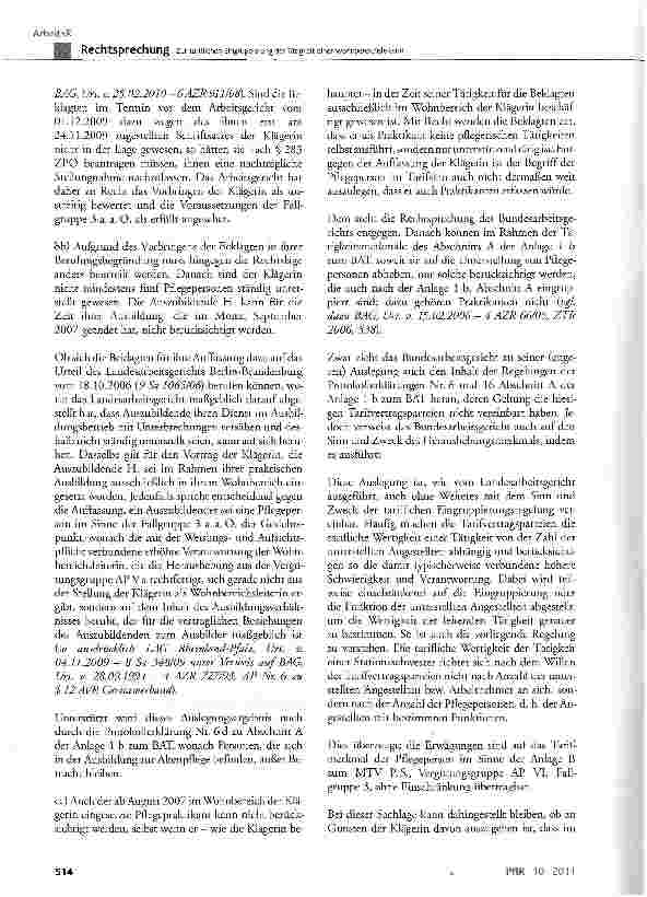 Vorschauseite 4: Zur tariflichen Eingruppierung der Tätigkeit einer WohnbereichsLeiterinMTV § 12, § 12a, 25 Abs. 2; ArbGG § 64 Abs. 2