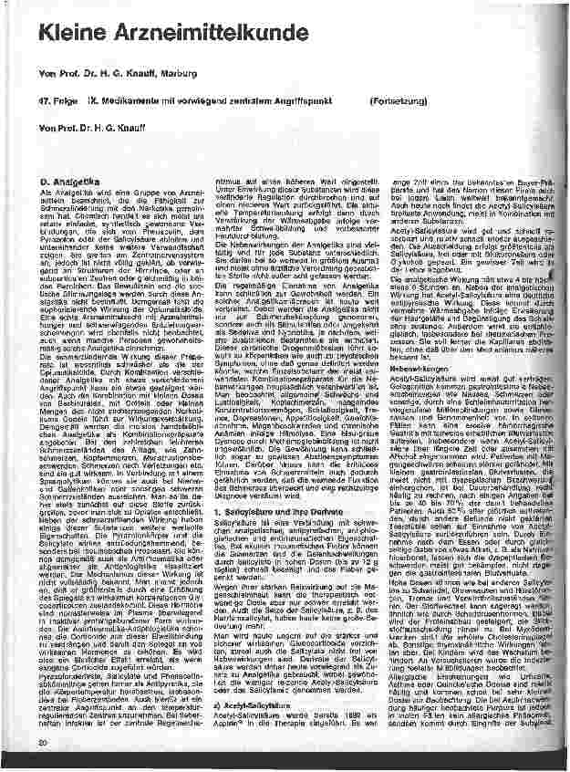 Vorschauseite 1: Kleine Arzneimittelkunde 47. Folge: IX. Medikamente mit vorwiegenden Angriffspunkt am Zentralnervensystem