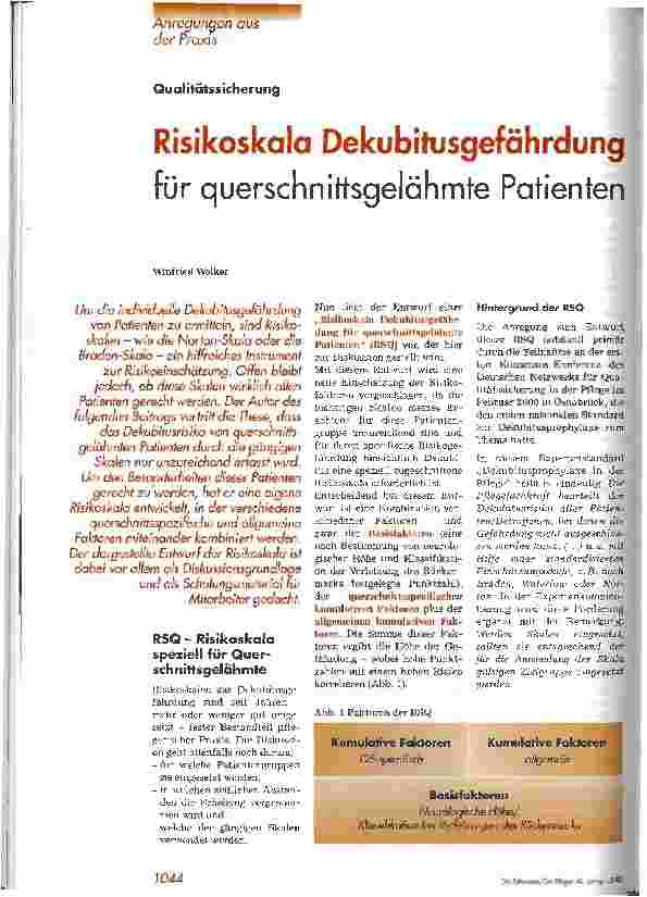 Vorschauseite 1: Risikoskala Dekubitusgefährdung für querschnittsgelähmte Patienten