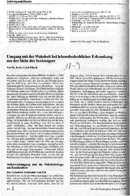 Vorschauseite 1: Umgang mit der Wahrheit bei lebensbedrohlicher Erkrankung aus der Sicht des Seelsorgers