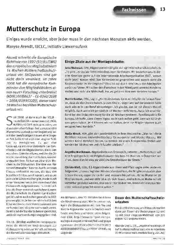 Vorschauseite 1: Mutterschutz in EuropaEiniges wurde erreicht, aber jeder muss in den nächsten Monaten aktiv werden.