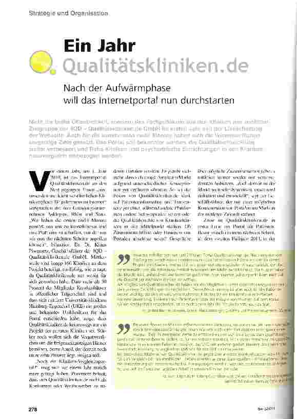 Vorschauseite 1: Ein Jahr Qualitätkliniken.de