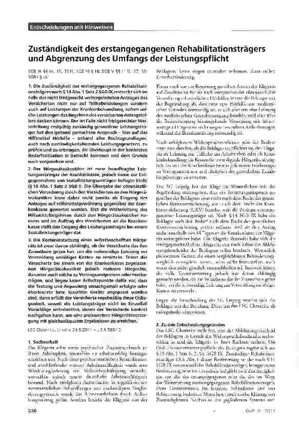 Vorschauseite 1: Zuständigkeit des erstangegangenen Rehabilitationsträgers und Abgrenzung des Umfangs der Leistungspflicht SGB IX §§14, 15, 33ff; SGB VI §16; SGB V §§ 11 ff. , 27, 33; SGBI§16