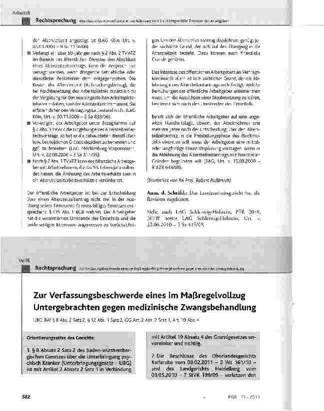 Vorschauseite 1: Zur Verfassungsbeschwerde eines im Maßregelvollzug Untergebrachten gegen medizinische Zwangsbehandlung