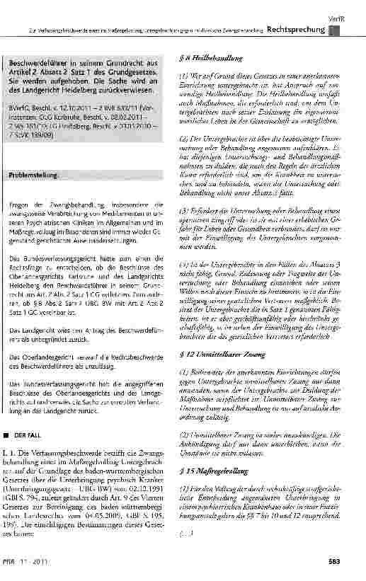 Vorschauseite 2: Zur Verfassungsbeschwerde eines im Maßregelvollzug Untergebrachten gegen medizinische Zwangsbehandlung