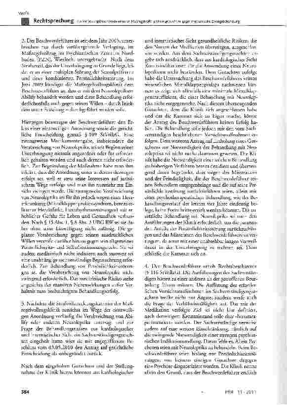 Vorschauseite 3: Zur Verfassungsbeschwerde eines im Maßregelvollzug Untergebrachten gegen medizinische Zwangsbehandlung