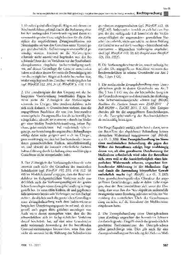 Vorschauseite 6: Zur Verfassungsbeschwerde eines im Maßregelvollzug Untergebrachten gegen medizinische Zwangsbehandlung