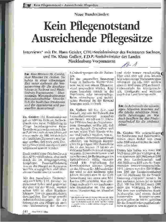 Vorschauseite 1: Neue Bundesländer: Kein Pflegenotstand - Ausreichende Pflegesätze Interview mit Dr. Geisler und Dr. Gollert