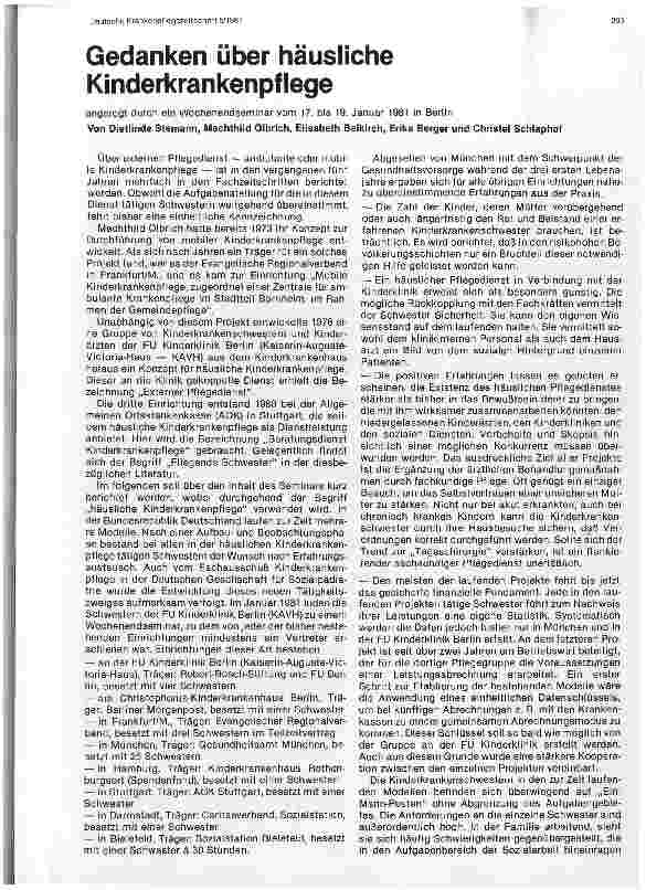 Vorschauseite 1: Gedanken über häusliche Kinderkrankenpflege 17. - 19. Jan. 1981 in Berlin