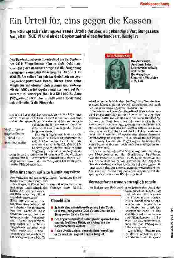 Vorschauseite 1: Ein Urteil für, eins gegen die Kassen Das BSG sprach richtungsweisende Urteile über gekündigte Vergütungssätze
