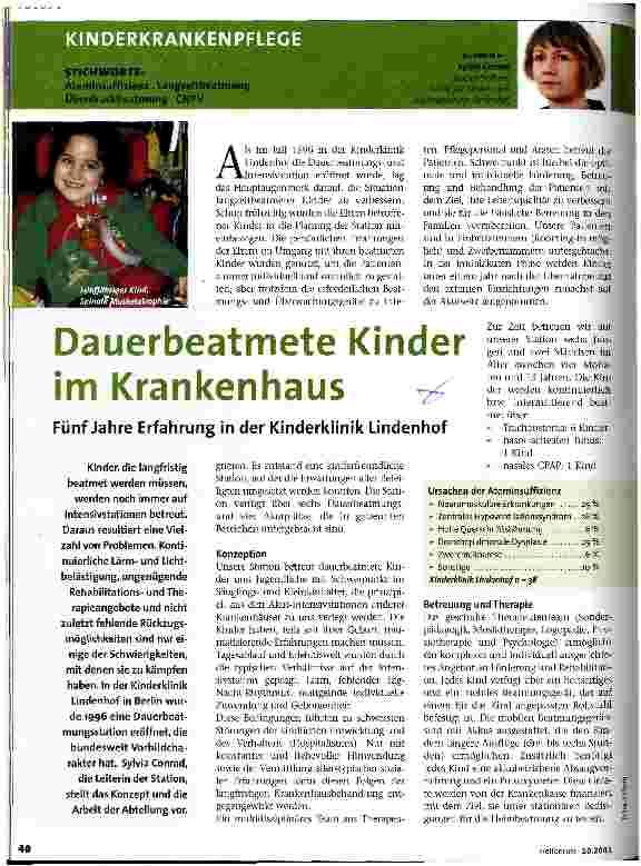 Vorschauseite 1: Dauerbeatmete Kinder im Krankenhaus Fünf Jahre Erfahrung in der Kinderklinik Lindenhof