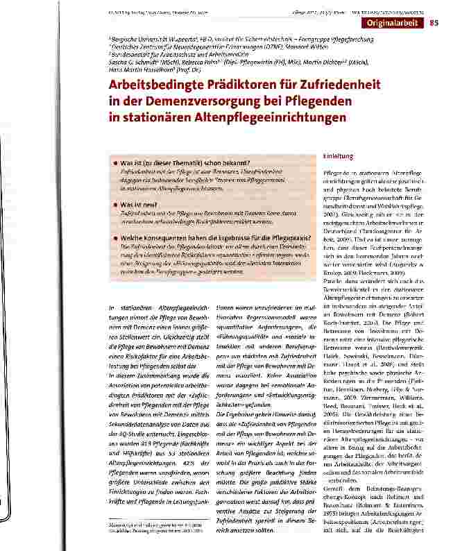 Vorschauseite 1: Arbeitsbedingte Prädiktoren für Zufriedenheit in der Demenzversorgung bei Pflegenden in stationären Altenpflegeeinrichtungen