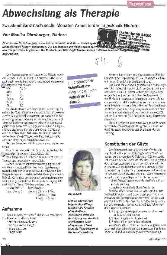 Vorschauseite 1: Abwechslung als Therapie Zwischenbilanz nach sechs Monaten Arbeit in der Tagesklinik Niefern