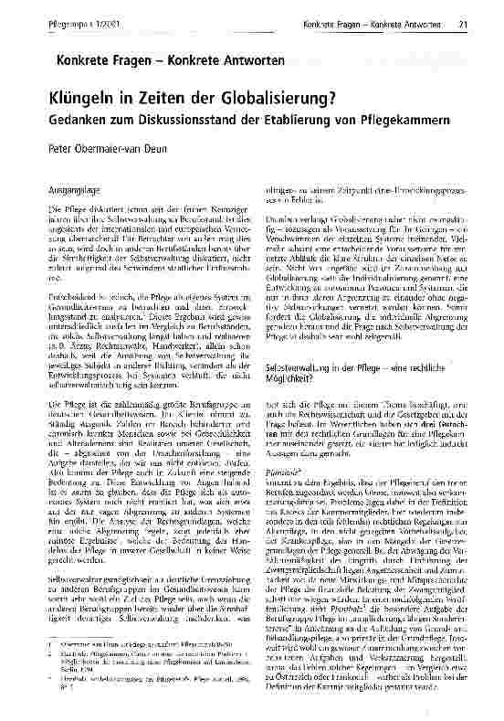 Vorschauseite 1: Klüngeln in Zeiten der Globalisierung? Gedanken zum Diskussionsstand der Etablierung von Pflegekammern