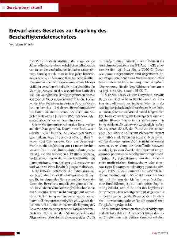 Vorschauseite 1: Entwurf eines Gesetzes zur Regelung des Beschäftigtendatenschutzes