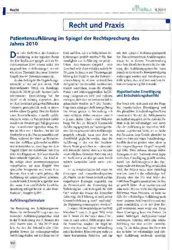 Vorschauseite 1: Patientenaufklärung im Spiegel der Rechtsprechung des Jahres 2010