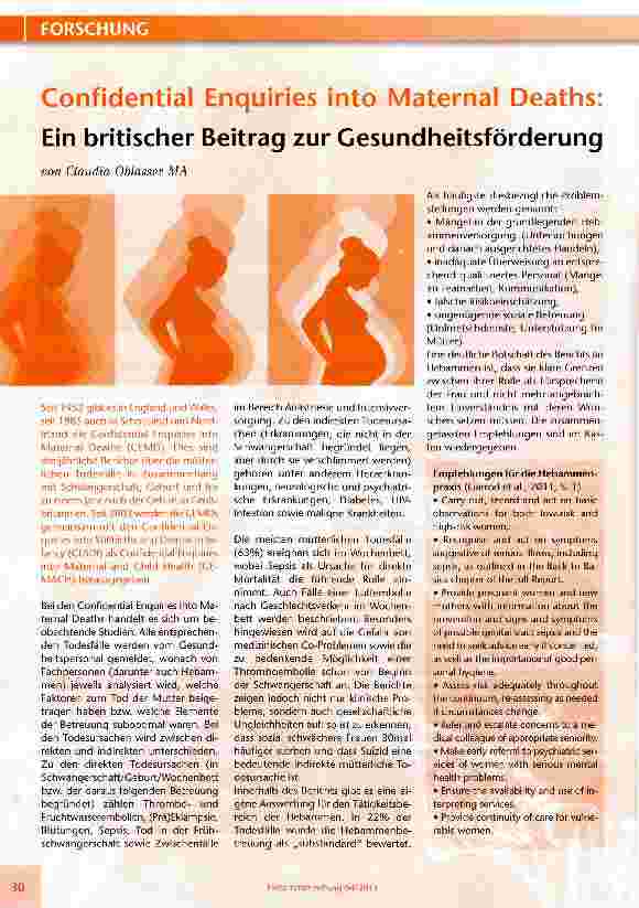 Vorschauseite 1: Confidential Enquiries into Maternal Deaths: Ein britischer Beitrag zur Gesundheitsförderung