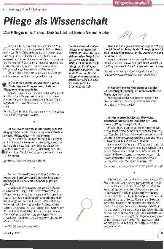 Vorschauseite 1: Ein Beruf verläßt die Einbahnstraße Pflege als Wissenschaft