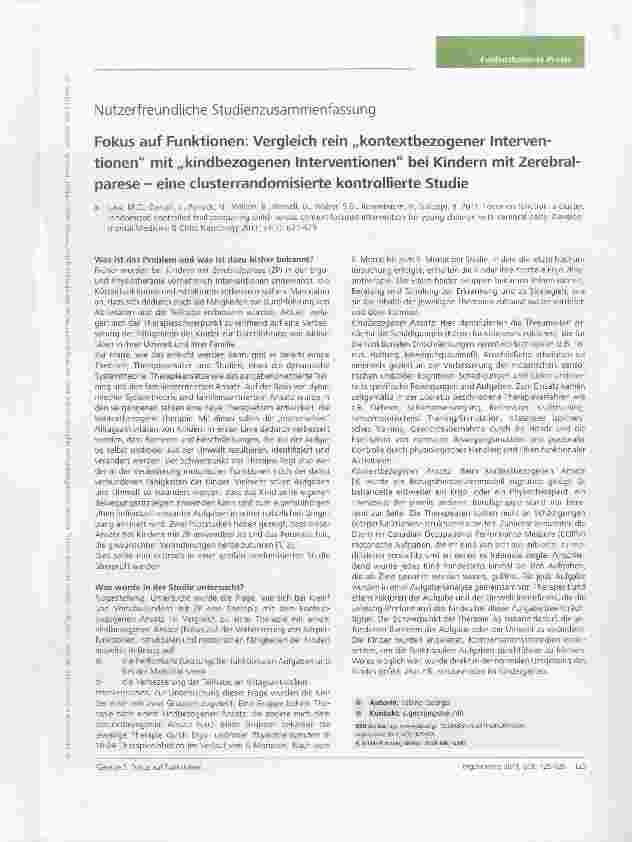Vorschauseite 1: Nutzerfreundliche StudienzusammenfassungFokus auf Funktionen: Vergleich rein „kontextbezogener Interventionen mit „kindbezogenen Interventionen bei Kindern mit Zerebralparese eine…