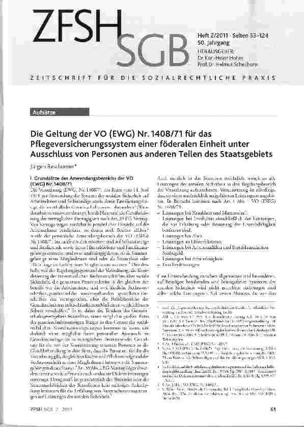 Vorschauseite 1: Die Geltung der VO (EWG) Nr. 1408/71 für das Pflegeversicherungssystem einer föderalen Einheit unter Ausschluss von Personen aus anderen Teilen des Staatsgebiets