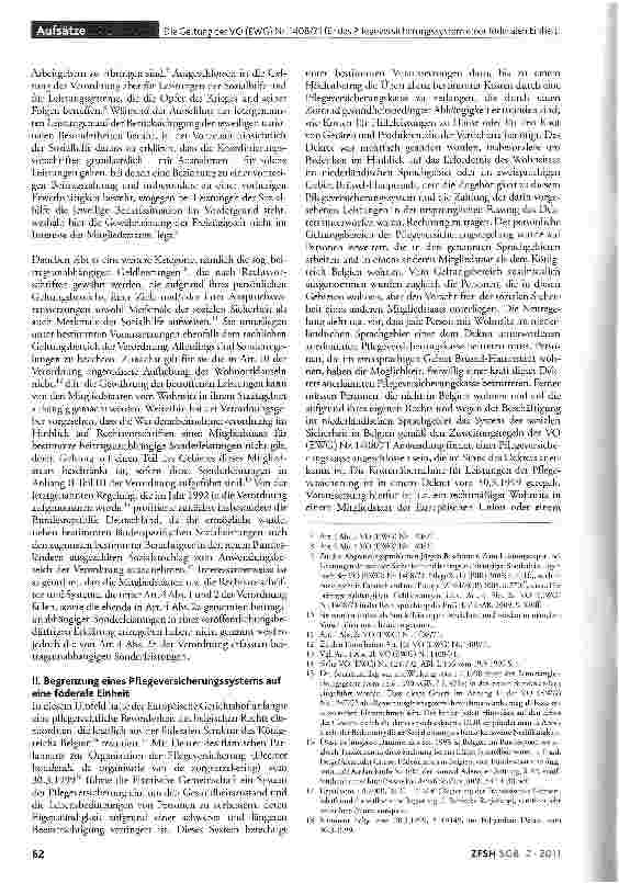 Vorschauseite 2: Die Geltung der VO (EWG) Nr. 1408/71 für das Pflegeversicherungssystem einer föderalen Einheit unter Ausschluss von Personen aus anderen Teilen des Staatsgebiets