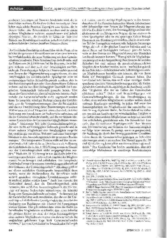 Vorschauseite 4: Die Geltung der VO (EWG) Nr. 1408/71 für das Pflegeversicherungssystem einer föderalen Einheit unter Ausschluss von Personen aus anderen Teilen des Staatsgebiets