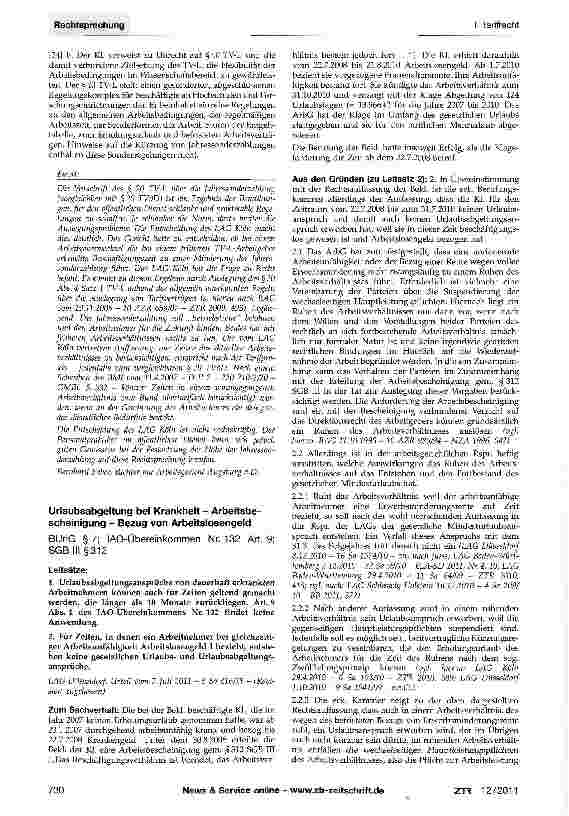 Vorschauseite 1: Urlaubsabgeltung bei Krankheit - Arbeitsbescheinigung - Bezug von ArbeitslosengeldBUrIG §7; IAO-Übereinkommen Nr. 132 Art. 9; SGB IM §312
