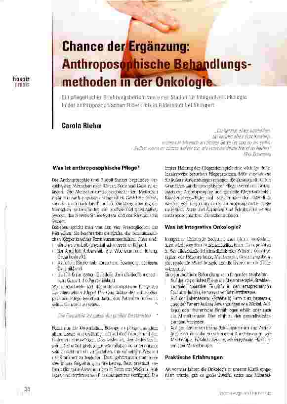 Vorschauseite 1: Chance der Ergänzung: Anthroposophische Behandlungsmethoden in der Onkologie