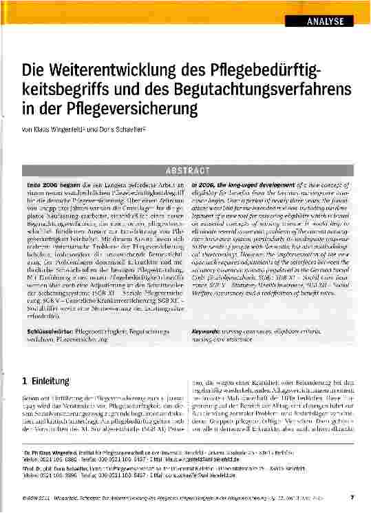 Vorschauseite 1: Die Weiterentwicklung des Pflegebedürftigkeitsbegriffs und des Begutachtungsverfahrens in der Pflegeversicherung