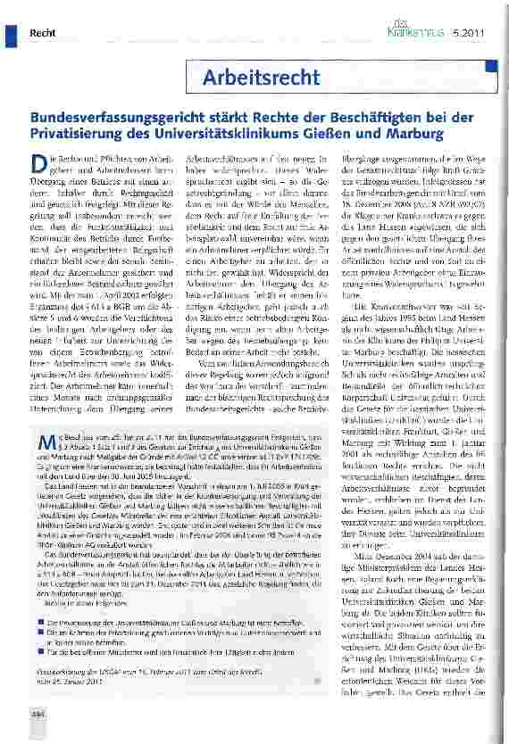 Vorschauseite 1: Bundesverfassungsgericht stärkt Rechte der Beschäftigten bei der Privatisierung des Universitätsklinikums Gießen und Marburg