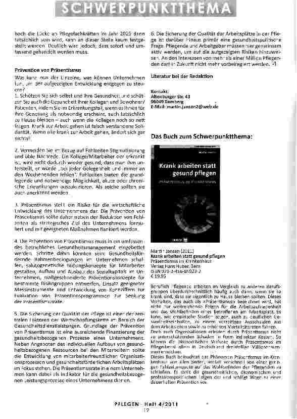 Vorschauseite 4: KRANK ARBEITEN BIS NICHTS MEHR GEHT? Präsentlsmus und die Folgen für die professionelle Pflege
