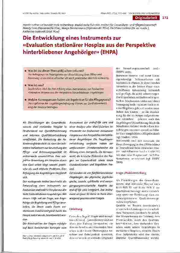 Vorschauseite 1: Die Entwicklung eines Instruments zur «Evaluation stationärer Hospize aus der Perspektive Hinterbliebener Angehörigem (EHPA)